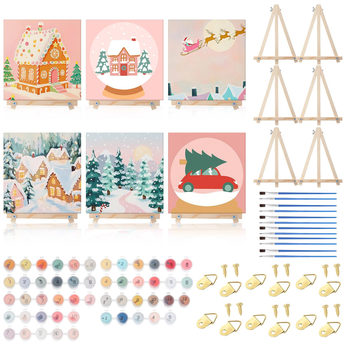 YooNotee 12 Pack Valentine's Day Paint by Numbers Kit - 8 x 8 Inches Pink Themed DIY Canvas with Wooden Display Easel, Brushes and Paints 6 Designs for Adults Family Holiday Decor