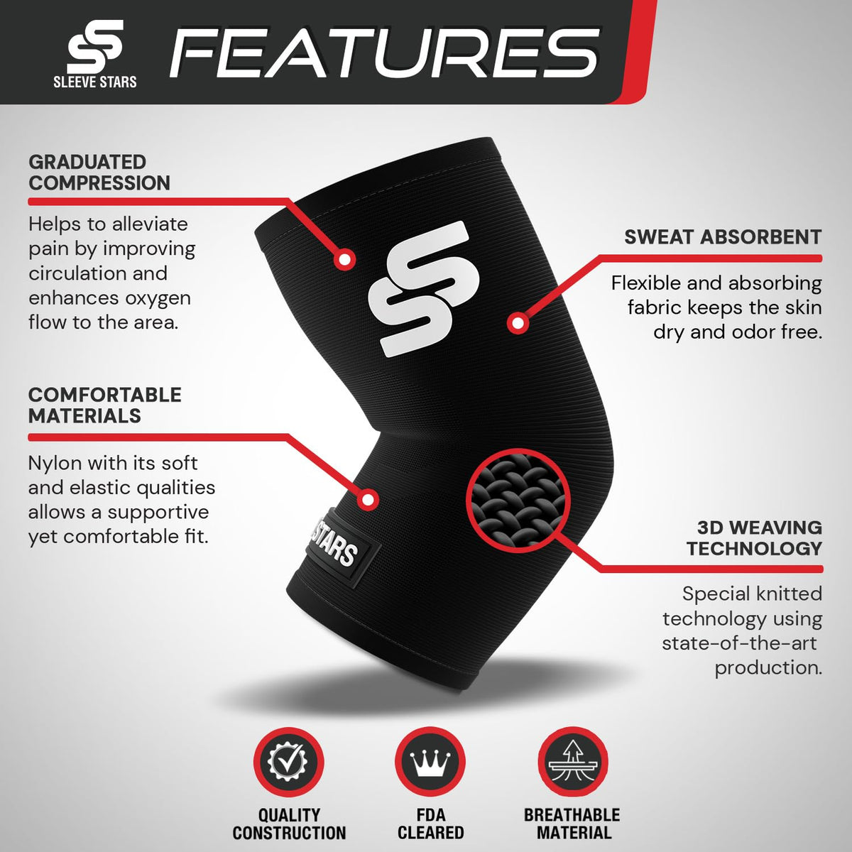 Sleeve Stars Elbow Sleeve for Pain Relief & Protection - Elbow Compression Sleeve for Women & Men - Supportive Elbow Brace for Tendonitis, Recovery & Ideal for Sports, Work (S: 7"-8.5"/Black)
