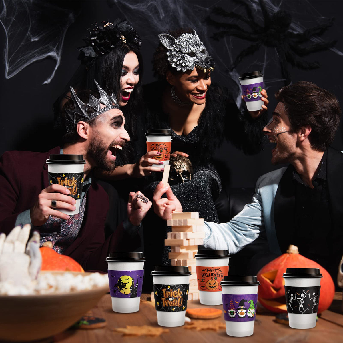 36 Pcs Halloween Coffee Cups Sleeves, Disposable Double Layer Paper Sleeves Corrugated Cup Paper Jacket for 12oz 16oz Hot Chocolate Coffee Tea or Cold Beverage, 6 Designs