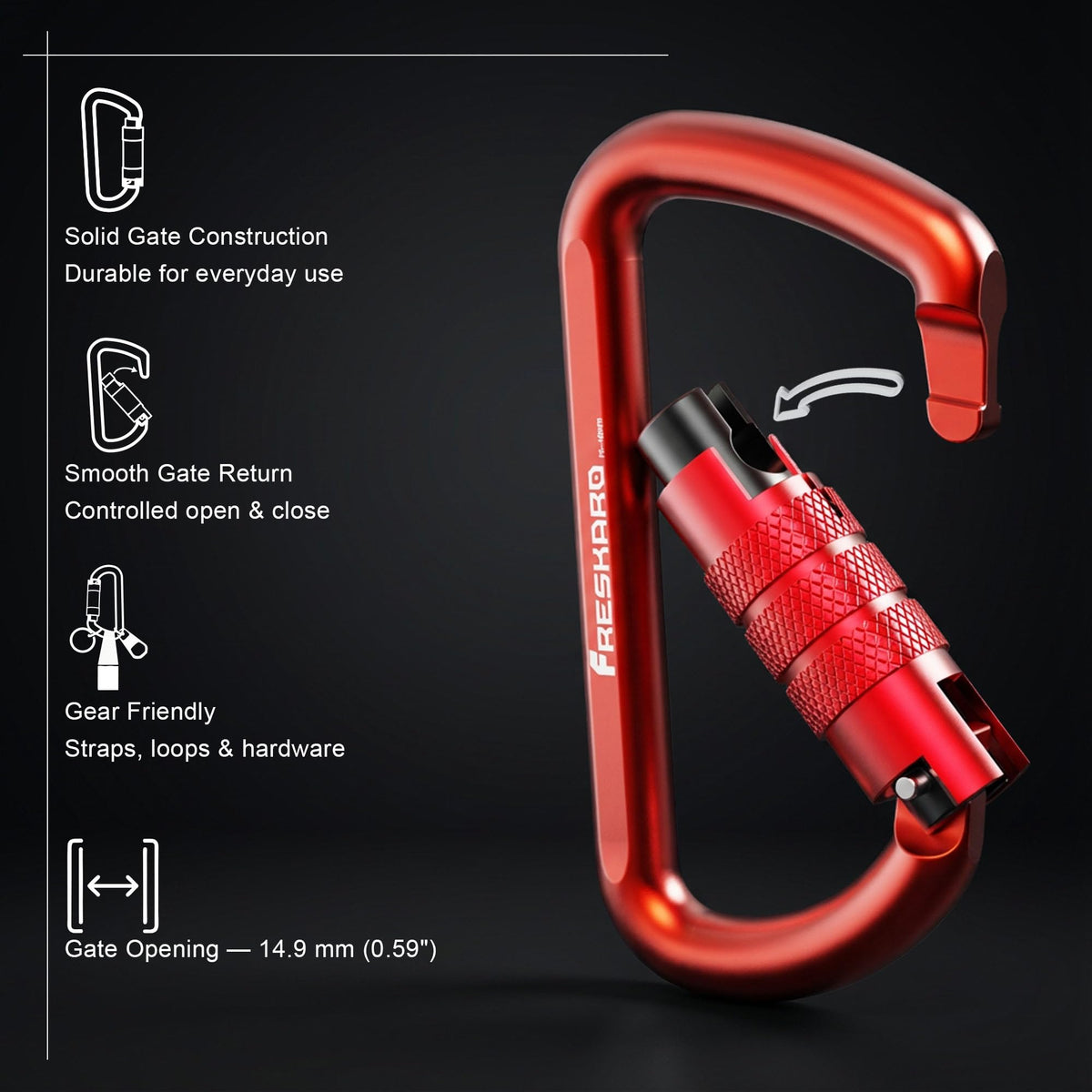 FresKaro 3inch Auto Locking Carabiner Clips, Solid D Shape Style, Heavy Duty Keychain Aluminum Carabiner - Holds a Maximum of 2698lbs, Lightweight 1.09oz, for Hammock, Hiking, Dog Leash, 3pack, Red