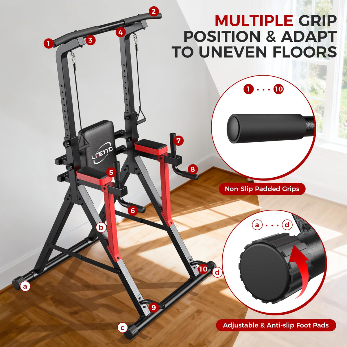Power Tower Pull Up Bar Free Standing,13-Level Adjustable Height Dip Station with X-Frame Stability, Multi-Grip Handles, Backrest, Home Gym Strength Training Equipment 400LBS
