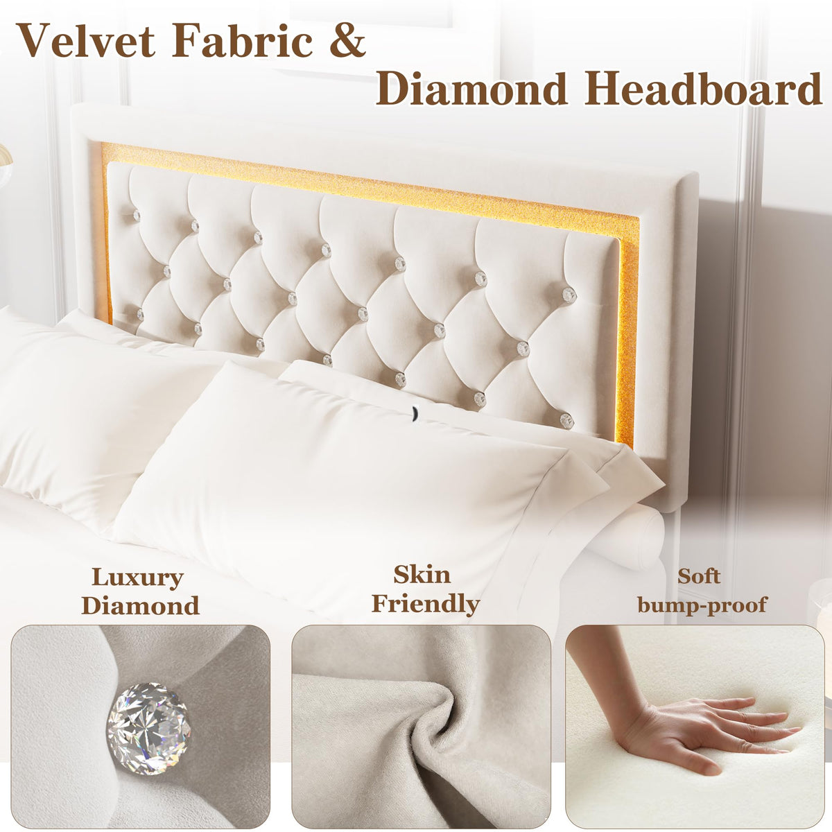 Garvee Floating Bed Frame Queen Size with Smart Led Lights, Upholstered Platform Bed with Diamond Headboard, Solid Wood Slats Support, No Box Spring Needed, Noise-Free, Easy Assembly, White