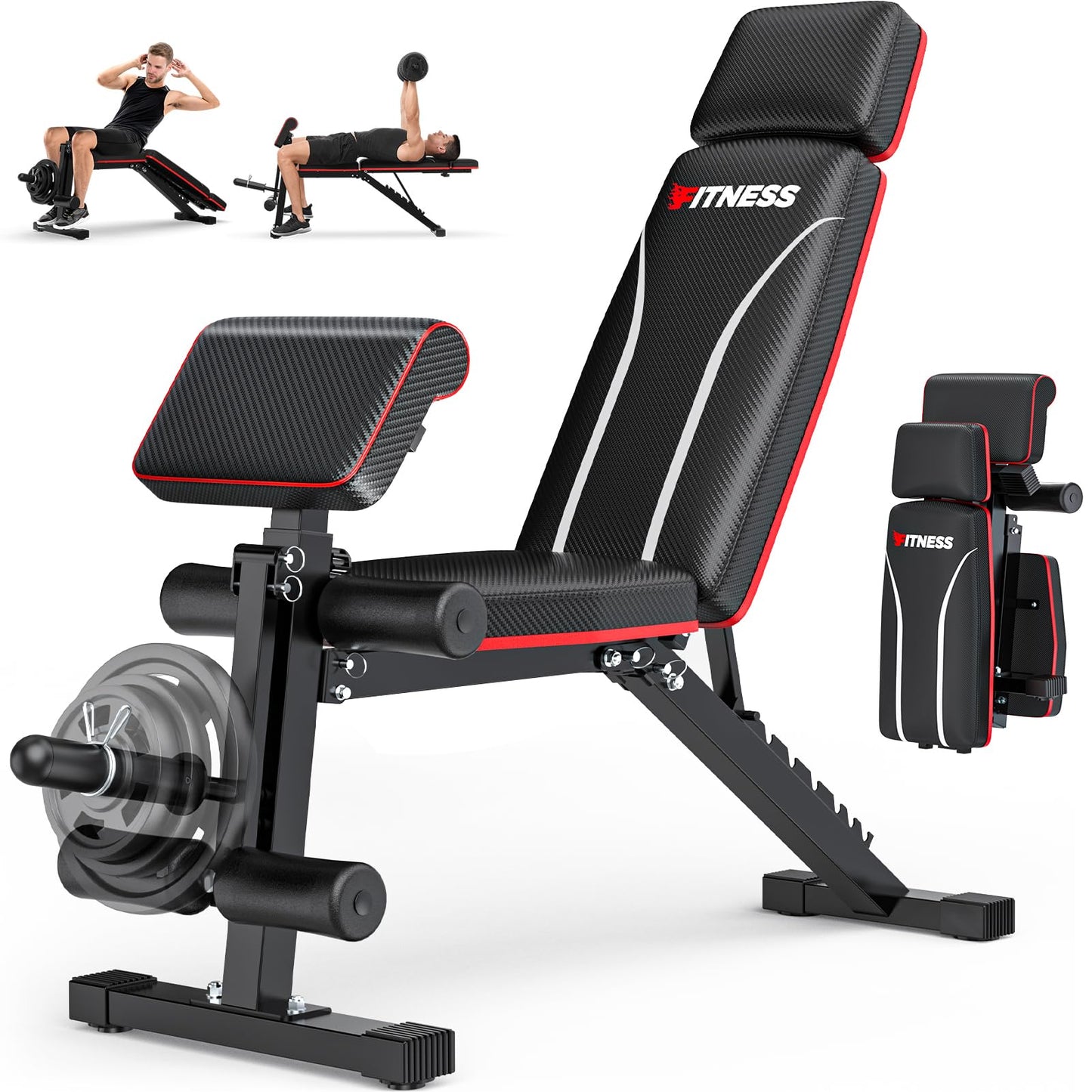 Fostoy Foldable Workout Bench, Adjustable Weight Bench for Home Gym, Multi Functional Gym Bench w/Leg Extension &Preacher Pad, Extra Headrest, Fast Folding Strength Training Incline Sit up Bench 800LB