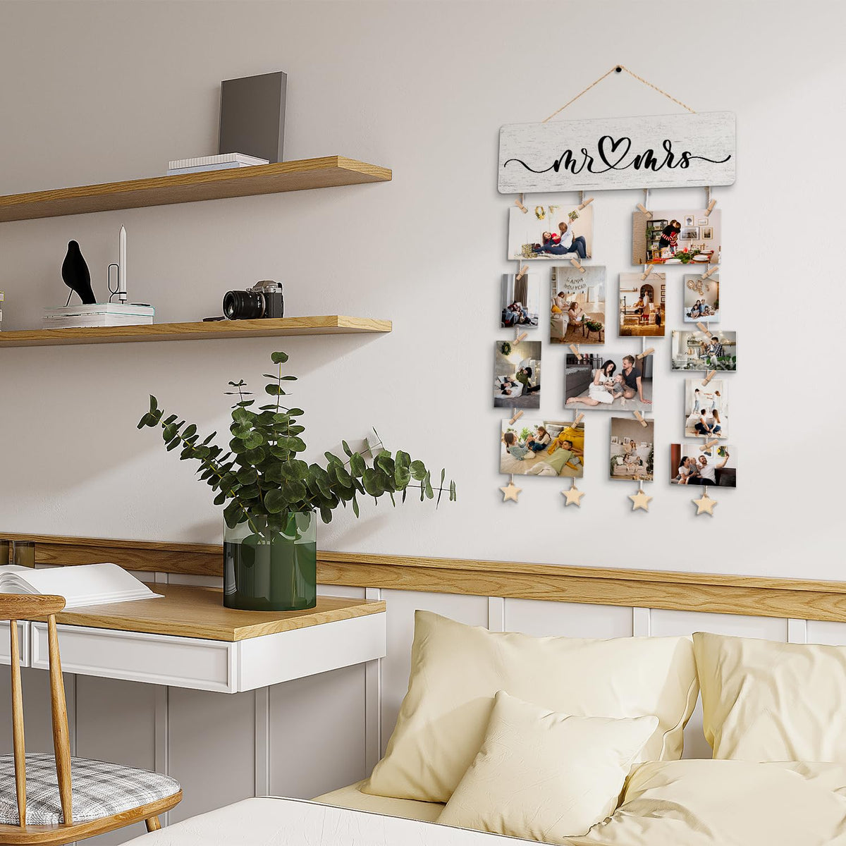 NaZaUK Mr & Mrs Bedroom Decor for Couples, Hanging Photo Display with Clips, Picture Frames Collage Photo Hanging Display, Couple Gift Ideas, Home Living Room Bedroom Wall Decor