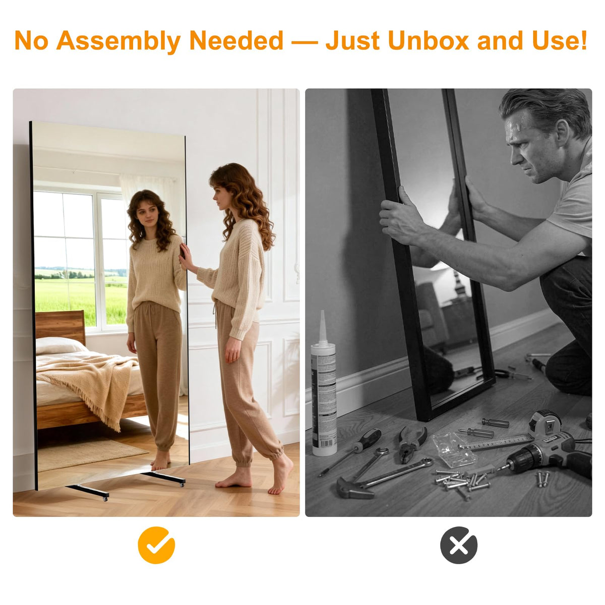 brisafe Rolling Full-Length Standing Mirror with Wheels, 71" x 43"Oversized Shatterproof Nano Material, No Assembly Required, Easy Move for Home Gym, Dance & Yoga Studio, Silver