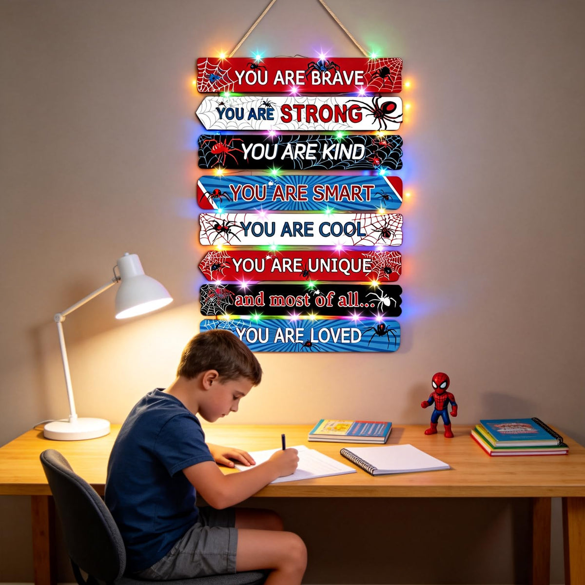 Spider Room Decor Set of 8 with LED Lights, Boys Bedroom Decor Inspirational Positive Quotes Wall Art, Motivational Wooden Hanging Signs Wall Decorations for Nursery Teens Toddler Room