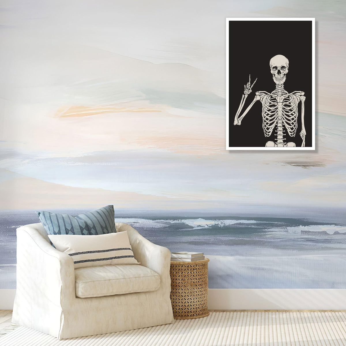 Funny Black Skeleton Canvas Wall Art Spooky Decor Halloween Poster High Hand Peace Print Bones Minimalist Background 12X16in Unframed