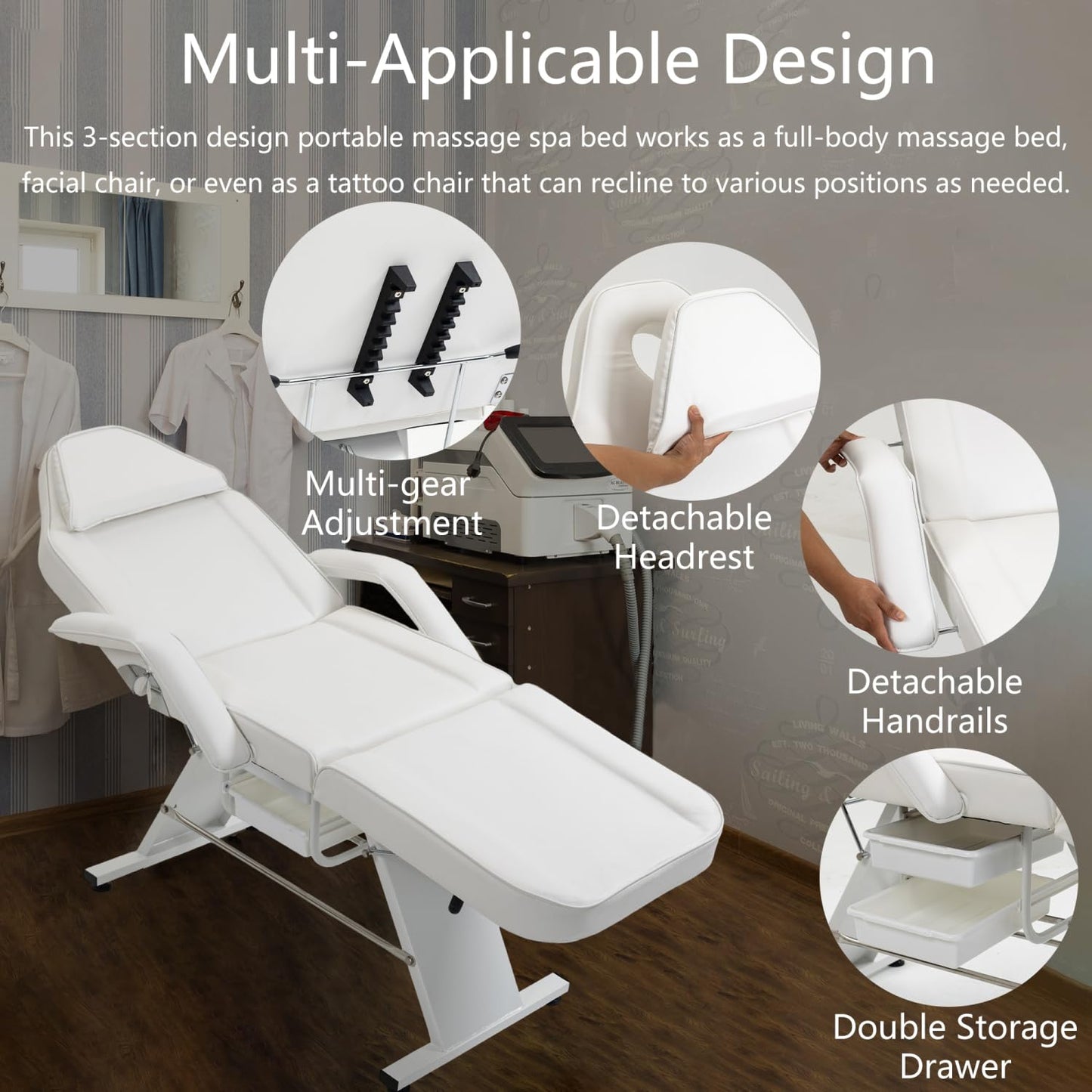 Geelife Massage Salon Tattoo Chair with Two Trays Esthetician Bed with Hydraulic Stool,Multi-Purpose 3-Section Facial Bed Table, Adjustable Beauty Barber Spa Beauty Equipment, White - Metal White -