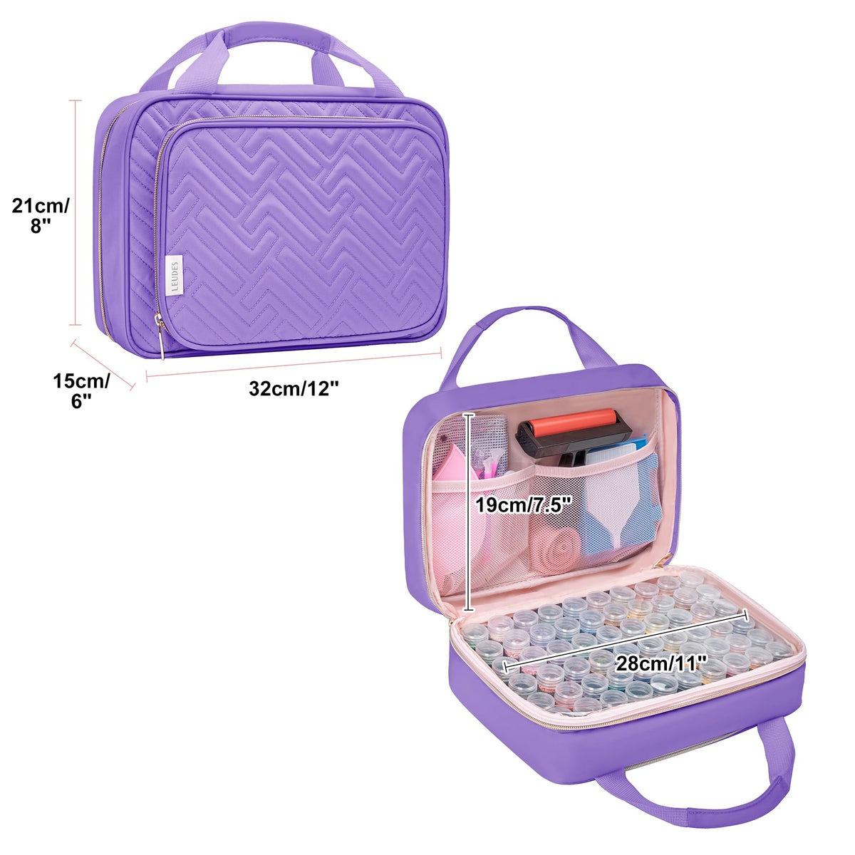 Leudes Diamond Painting Storage Containers, 60 Slots Bead Storage Box for Diamond Art Kits Accessories Organizer Case (Only Bottles and Bag) (Purple-2(60 Jars))