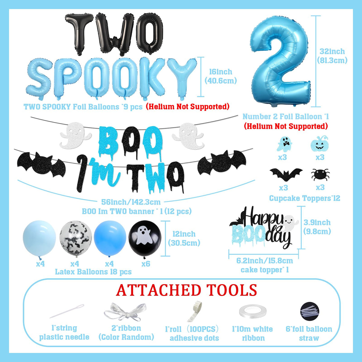 Halloween 2nd Birthday Party Decorations for Boys Blue Two Spooky Birthday Decor Boo I'm Two Banner Happy Boo Day Cake and Cupcake Toppers Ghost Bat Latex Balloon for Boys 2nd Bday Decor Supplies