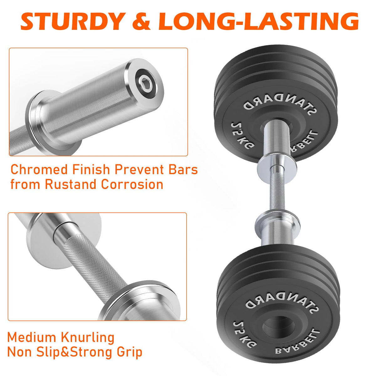 Pair of 16" Olympic Dumbbell Handles – Loadable Dumbbell Bars for 2" Olympic Weight Plates (150LBS Weight Capacity), Ideal for Home Gym Strength Training – Includes 2 Pairs of Spring Collars (Silver)