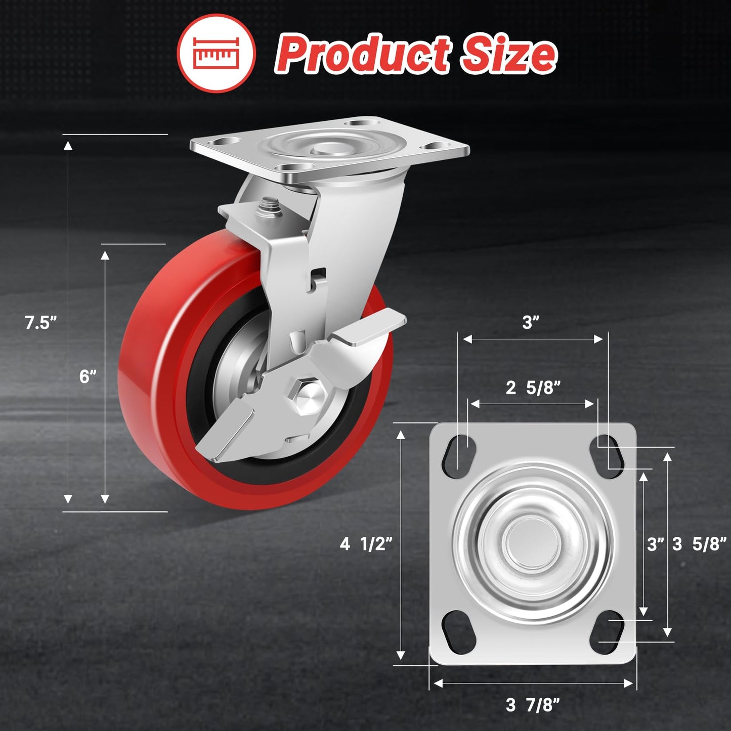 Nefish 6 Inch Industrial Grade Casters Wheels, Heavy Duty Polyurethane Casters Set of 4 with Dual Ball Bearing, Solid Polyurethane Wheel 4500 Lb, Plate Swivel Casters for Cart, Industrial, Machine