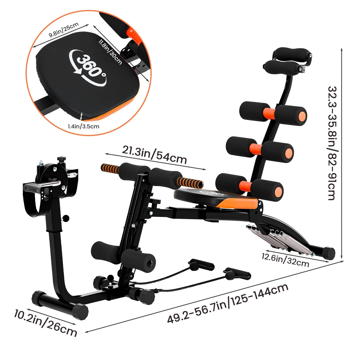 6 in 1 Ab Workout Bench for Home Gym, Adjustable Ab Workout Machine with Headrest 360° Twisting Seat Pedal Multi-Functional Adjustable Weight Bench Equipment for Total Body Work Out Black