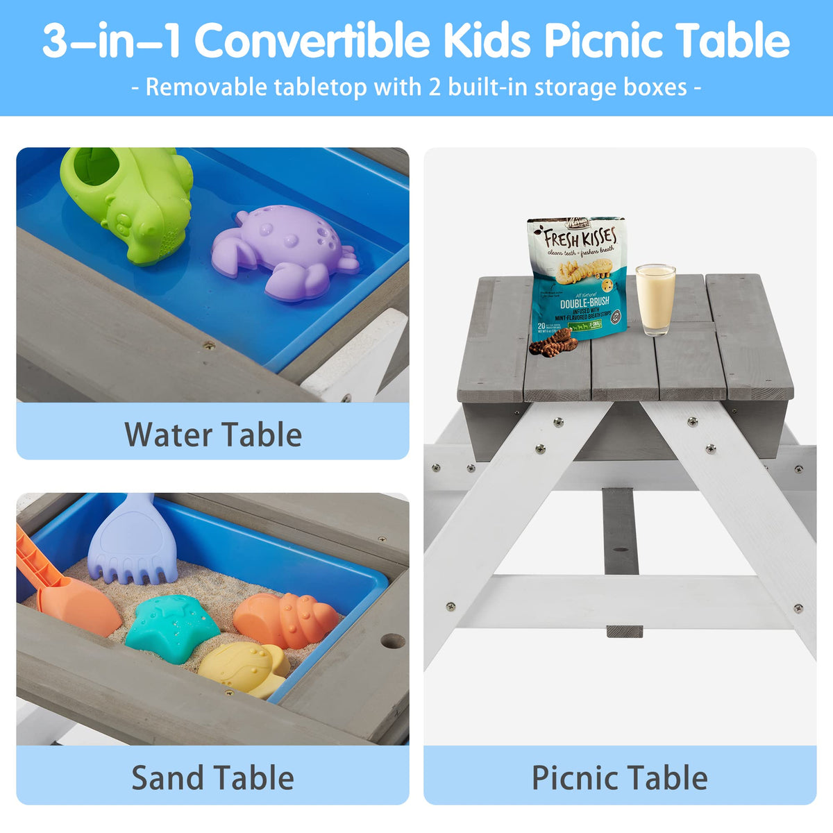 3-in-1 Kids Outdoor Wooden Picnic Table with Umbrella, Convertible Sand & Wate, Gray ASTM & CPSIA Certification
