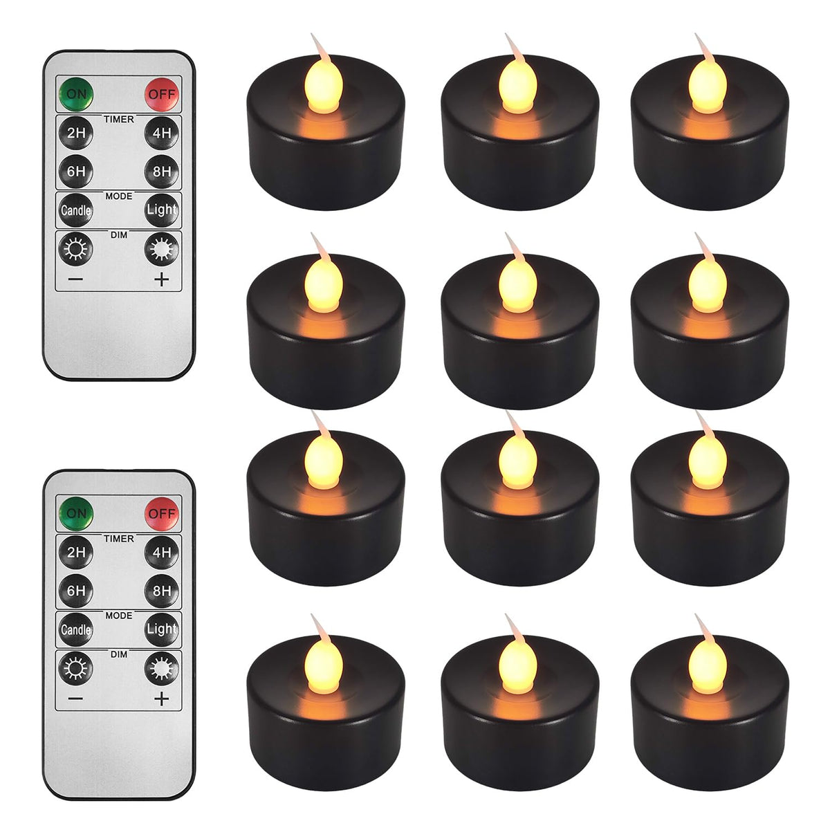 ODTRAM Black Tea Lights Candles Battery Operated: 12-Pack with Remote Control and Auto Timer, Realistic Flickering LED for Wedding, Halloween, Christmas & Home Decor