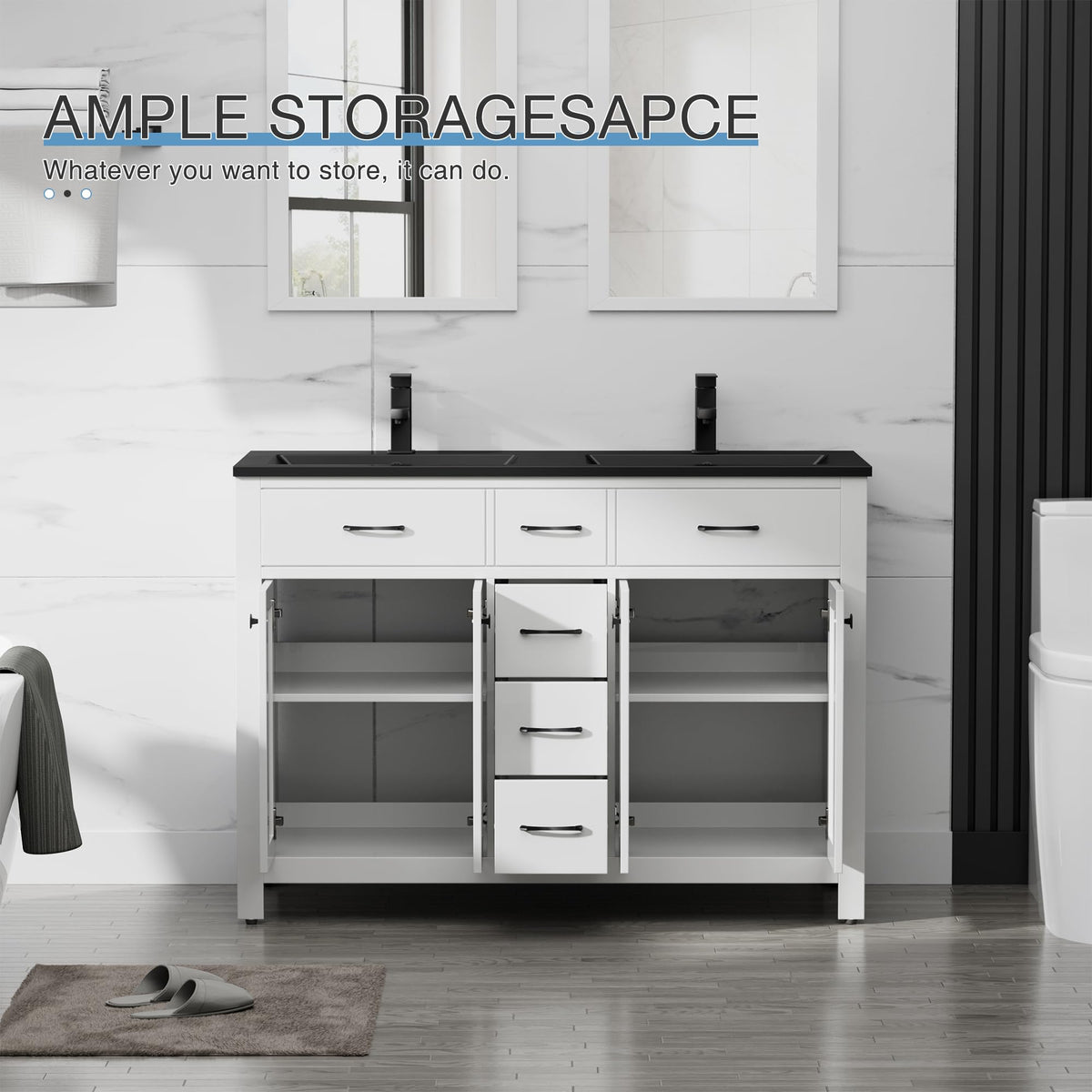LUCKWIND 48" Modern Bathroom Vanity with Sink Combo, Contemporary Painted Storage Cabinet and Double Black Sink, Include Soft-Closing Doors & Matte Black Faucet, White
