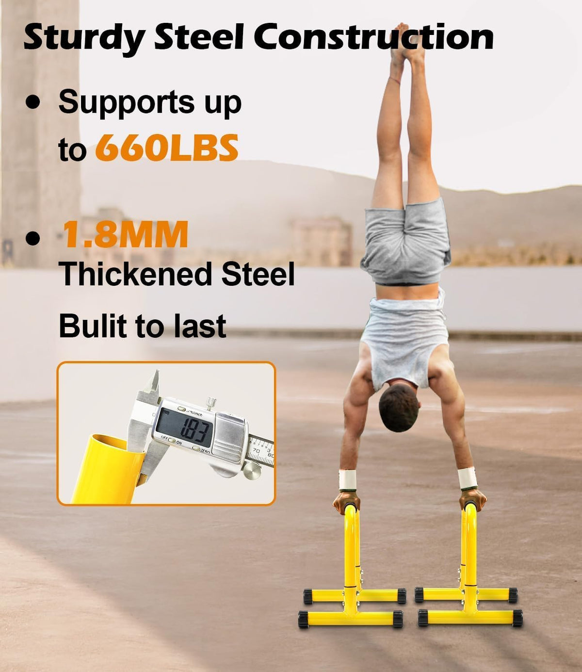 TABEKE Push Up Bar, 14'' High Steel Parallettes & Dip Bar with Full Coverage Foam Handle, Heavy-Duty Calisthenics Parallel Bars for L-Sit, Dips, Home Gym Strength Training Workout (Yellow)