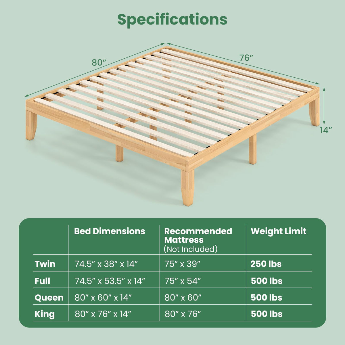 KOMFOTT 14 Inches Wood Platform Bed Frame King Size, Wooden Mattress Foundation with Rubber Wood Frame, Strong Wooden Slats Support, No Box Spring Needed, Bed Frame (Natural)