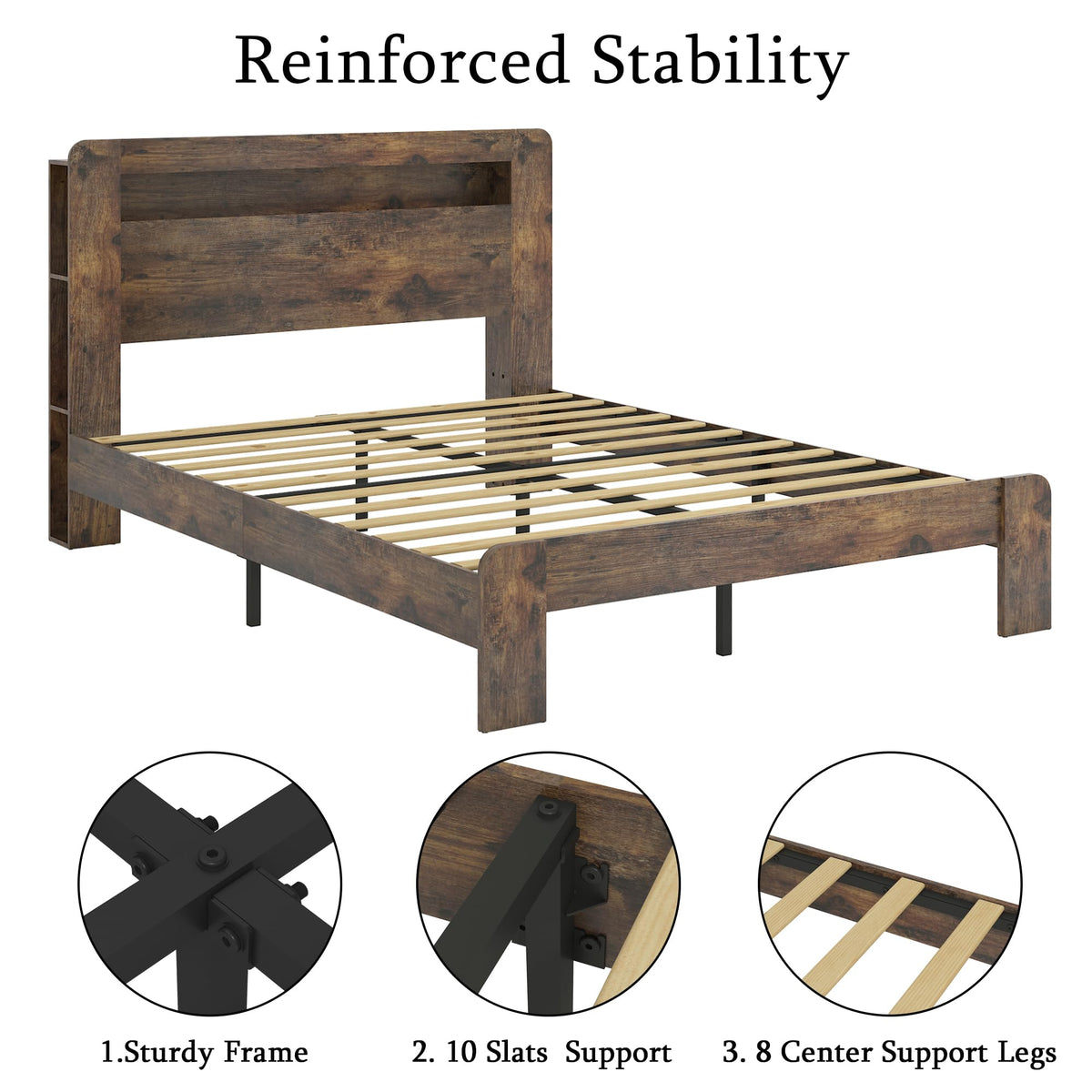 KEIKI Bed Frame King Size, Wood Platform Bed Frame with Storage LED Light Headboard and 2 USB, Noise Free, No Box Spring Needed and Easy Assembly Tool, Large Under Bed Storage, Dark Brown