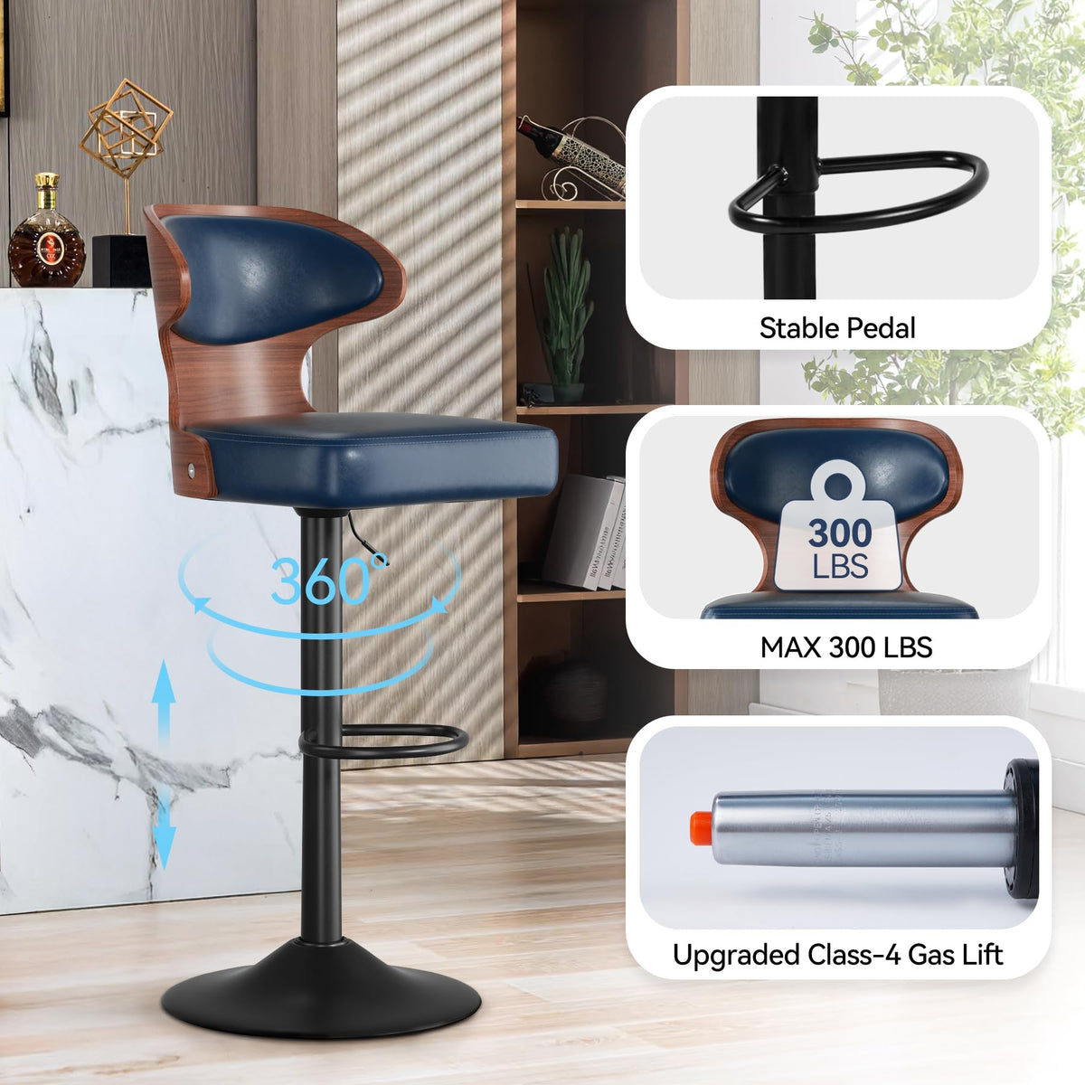 Daluvenix Bar Stools Set of 4 Adjustable Height Swivel Bar Stools Faux Leather Upholstered Bentwood Barstools with Back & Footrest Bar Chair for Dining Room Kitchen Blue