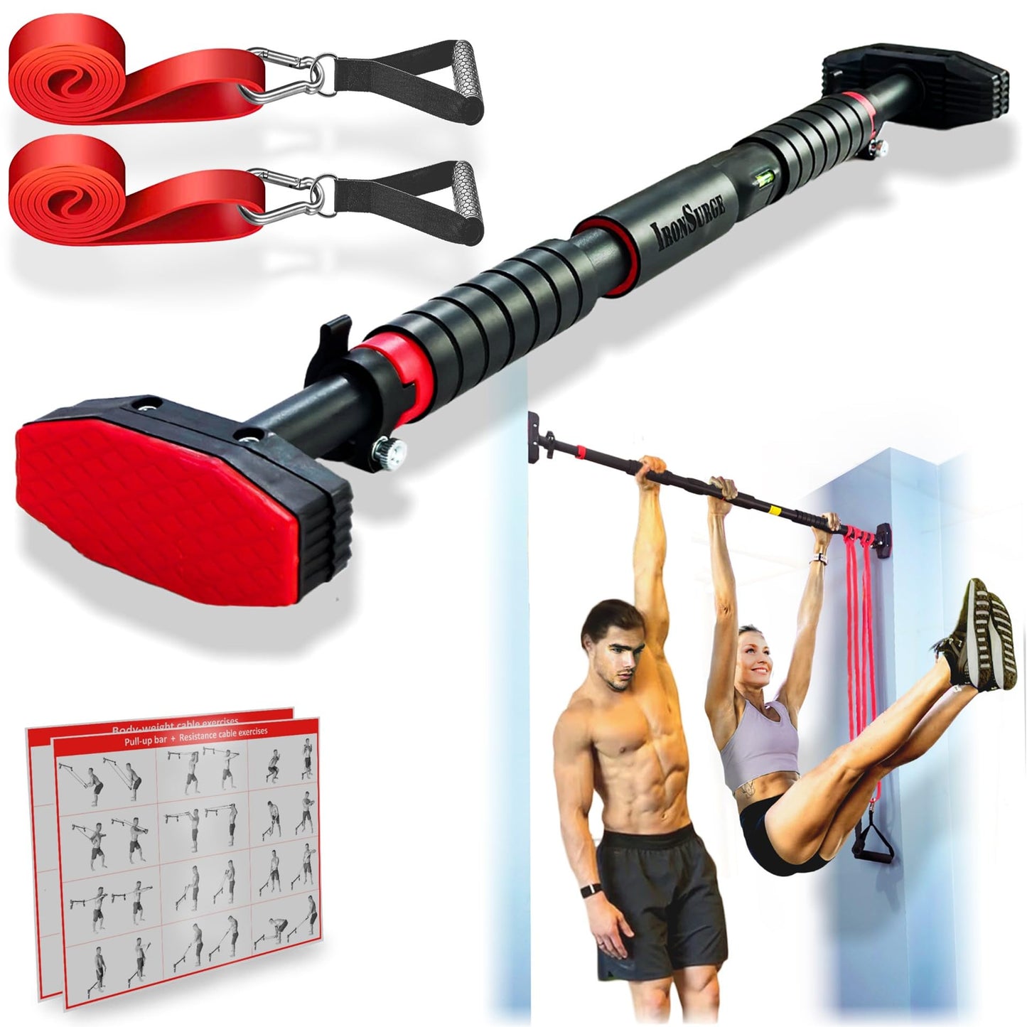 IRONSURGE Pull Up Bar for Doorway 6-piece Set with Two Attachable Resistance Bands, Training Manual, Door frame Chin Up Bar, and Two Angled Supports For Home Gym Workout, No Screws, Max 680lbs,