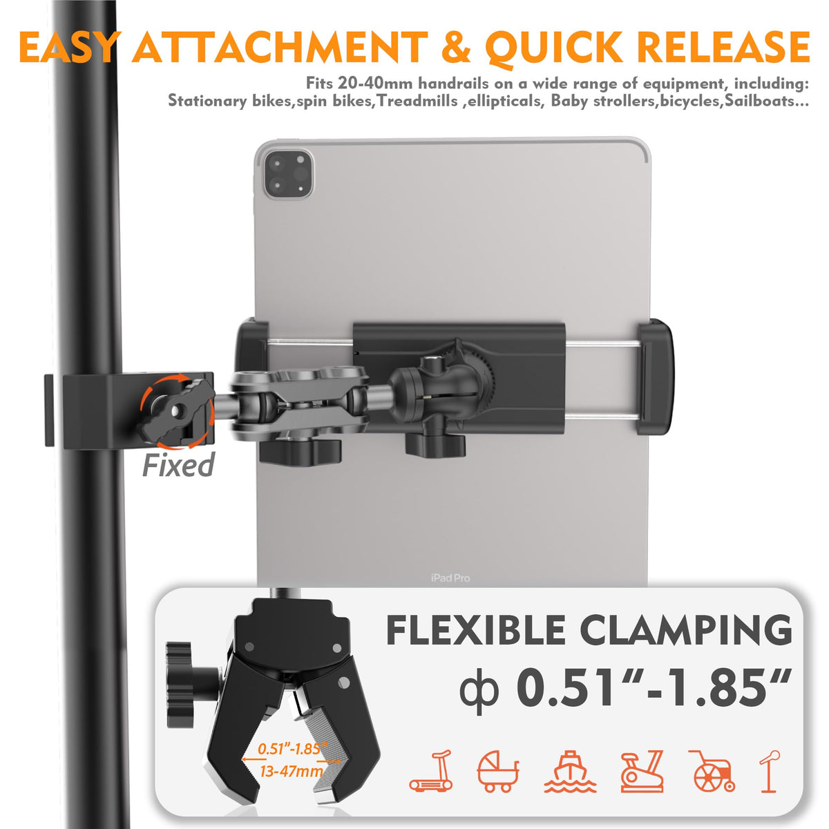 VasSmtCPH Tablet Holder for Treadmil Indoor Cycle Elliptical Spin Bike Peloton Music Stand 360° Adjustable Super Crab Handlebar Climp Mount Compitable with 4.7~12.9" iPad Switch iPhone e-Reader
