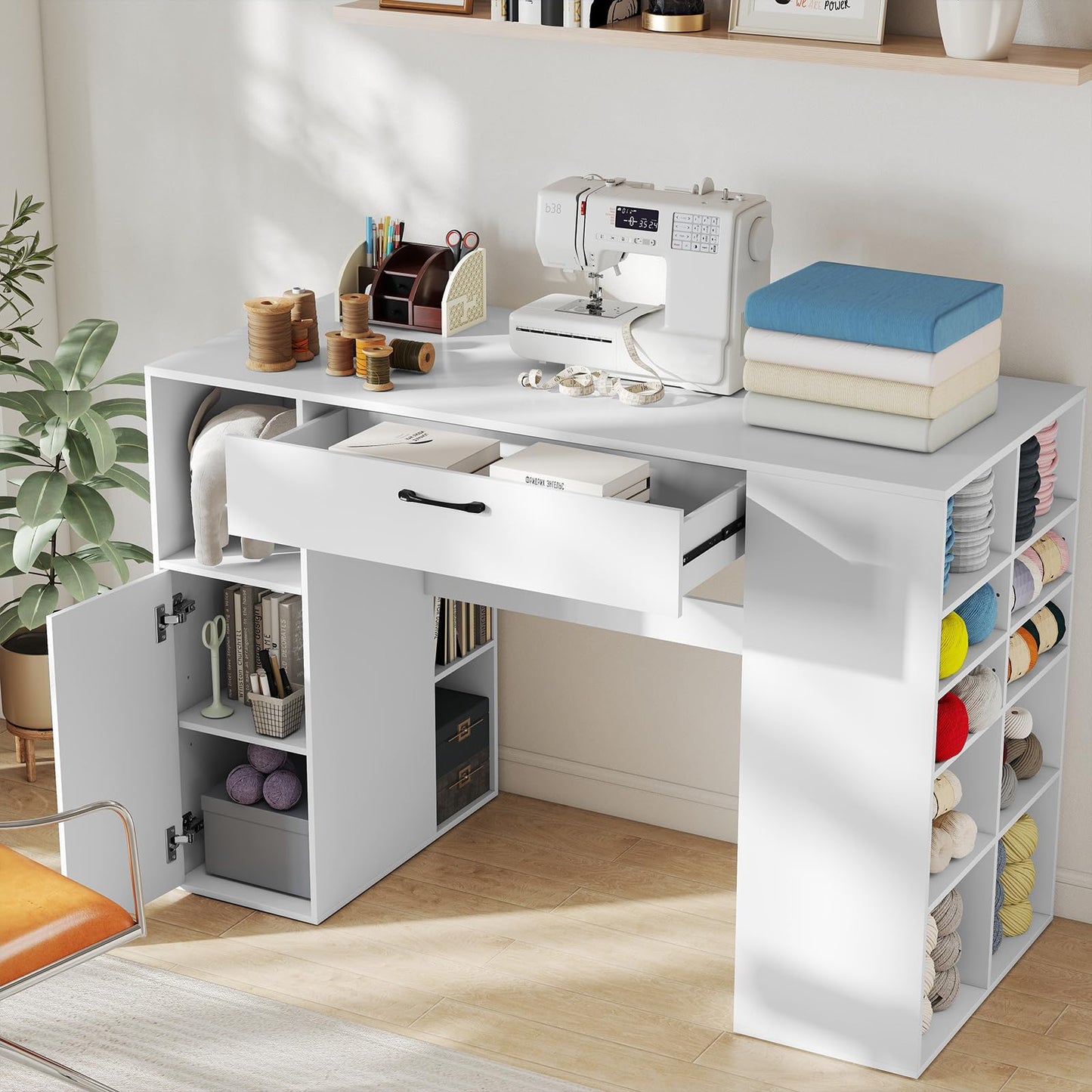 GOFLAME Sewing Table, 53” Sewing Machine Desk with Open Storage Cubes, Drawer, Cabinet, Adjustable Shelves, Art Craft Table for DIY, Modern Home Office Desk, White