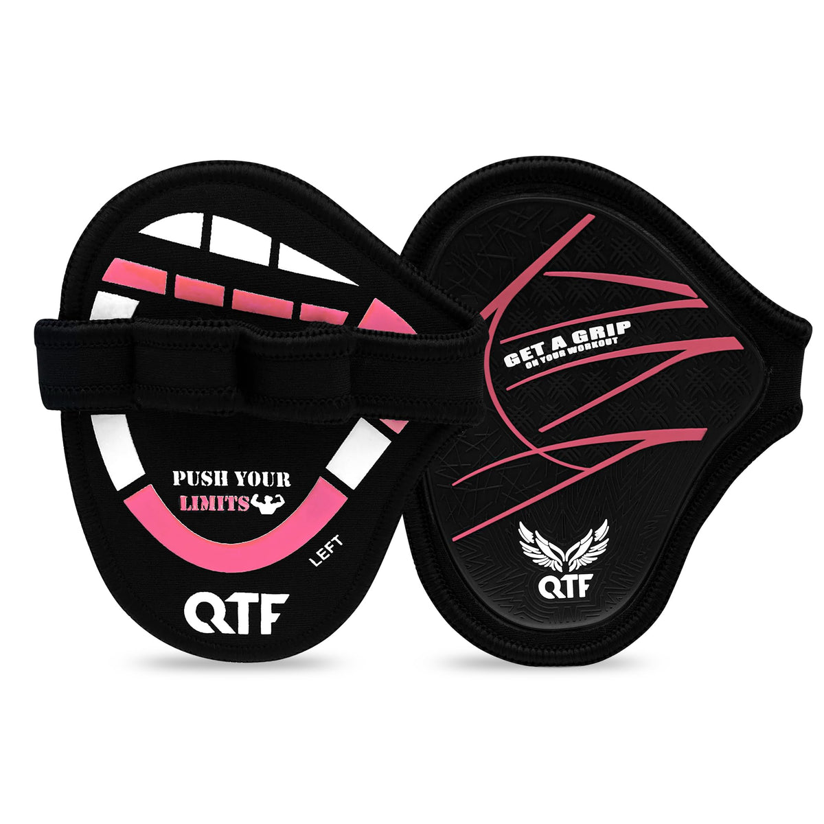 QTF Lifting Grips for Weightlifting Rubber Gloves Gym Palm Protector Grip Pads Replacement of Workout Gloves for Men & Women - Pads for Gym Weightlifting, & Pull Ups (Black/Pink)