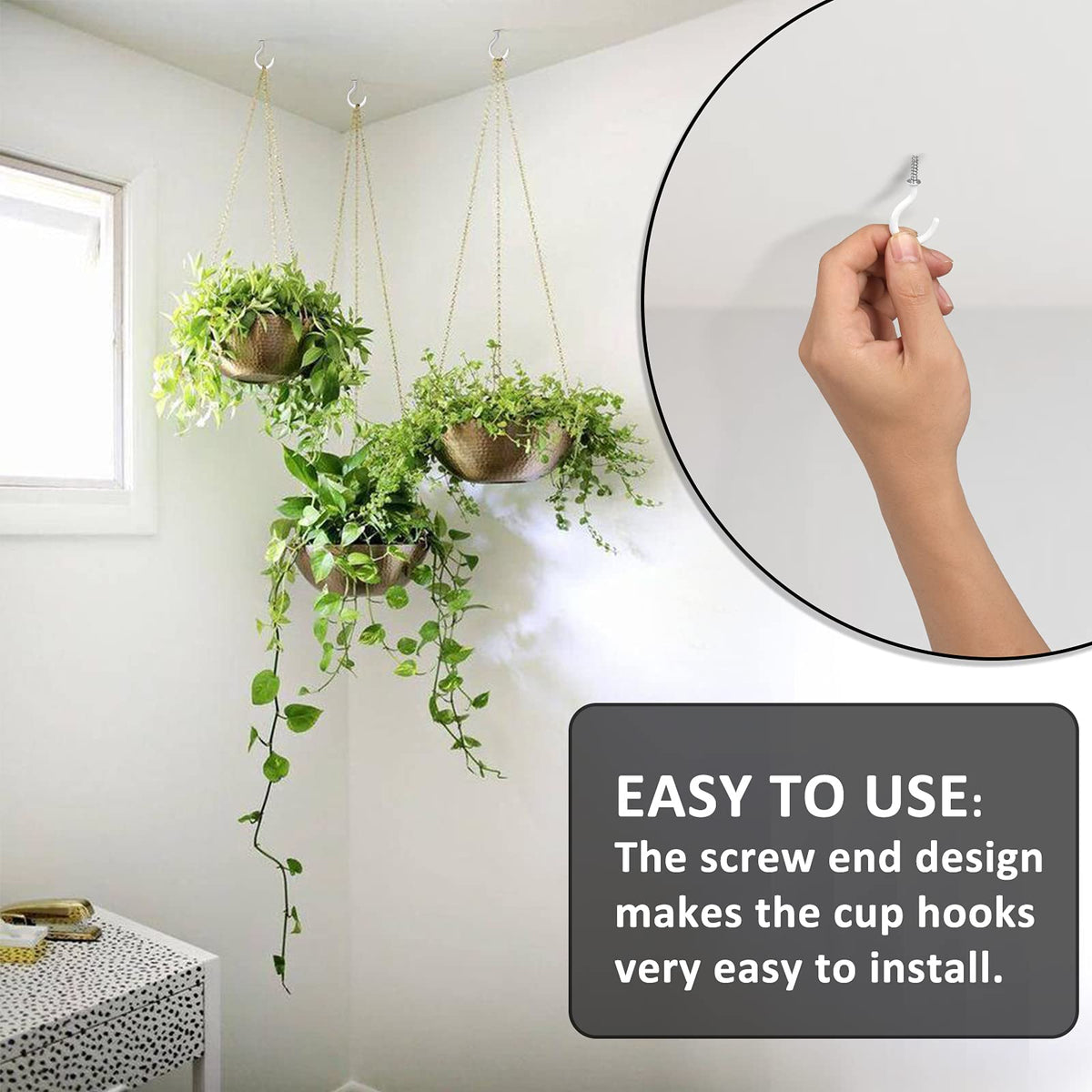 Romeda 90 Pcs White Ceiling Hooks kit, 6 Sizes Vinyl Coated Screw-in Plant, Kitchen, Cup, Ceiling Hooks for Hanging (1/2in, 5/8in,3/4in,7/8in,1'',1-1/4in)