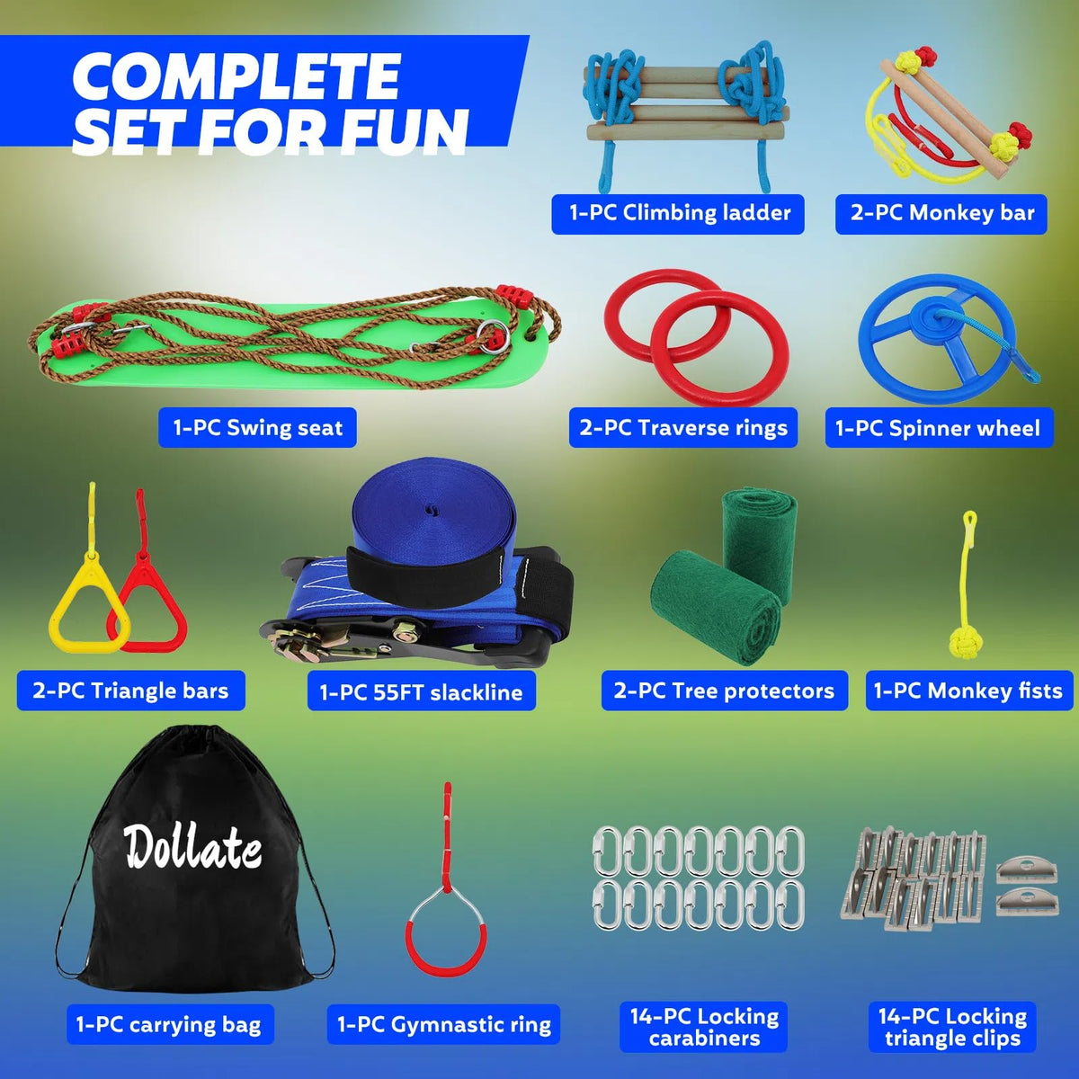 Dollate Ninja Warrior Obstacle Course for Kids - 65 FT, Outdoor Obstacle Course 13 Accessories, Swings, Monkey Bars, Arm Trainers - Suitable for Boys and Girls 3+ - 440 lbs Capacity