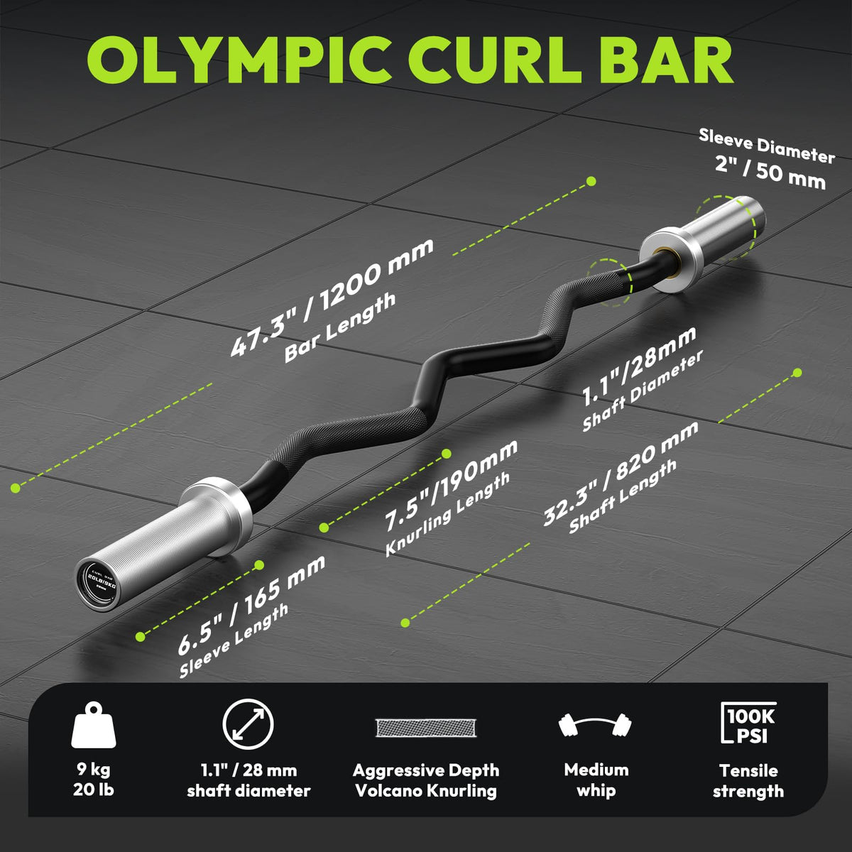 HANDBODE Olympic EZ Curl Barbell Bar 47", 2 inch 4 ft Curl Bars for Weightlifting, Squats, Hip Thrusts, Biceps, 500 lb Weight Capacity, Home Gym Weight Bar, Strength Training, Black & Silver