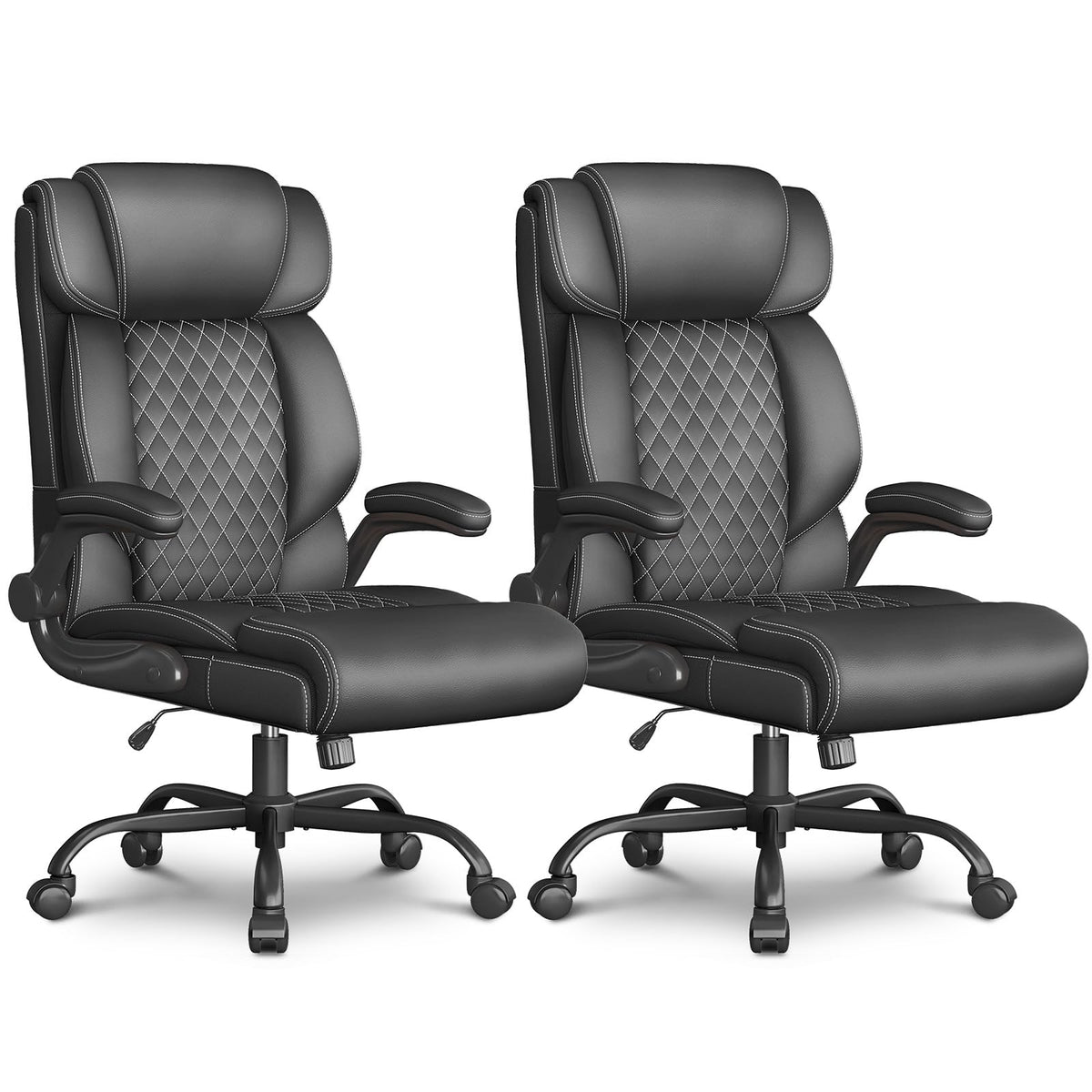 Office Chair-Executive High Back Breathable Comfy Desk Chair with Flip-up Armrests Lumbar Support-Ergonomic Leather Rolling Swivel Chair with Rock Function for Working,2 Pack