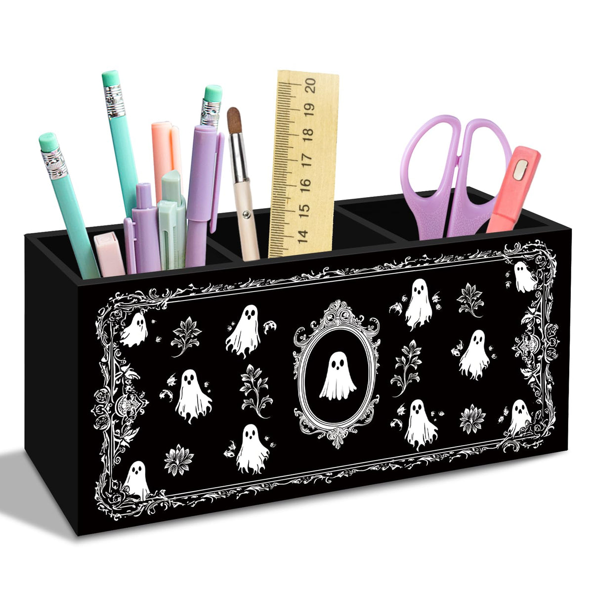 nvucamd Cute Ghosts Pen Pencil Holder for Desk, Witchy Gothic Ghost Office Desk Accessories, Halloween Spooky Ghosts Pen Holders Organizer for Home Office Classroom Bathroom