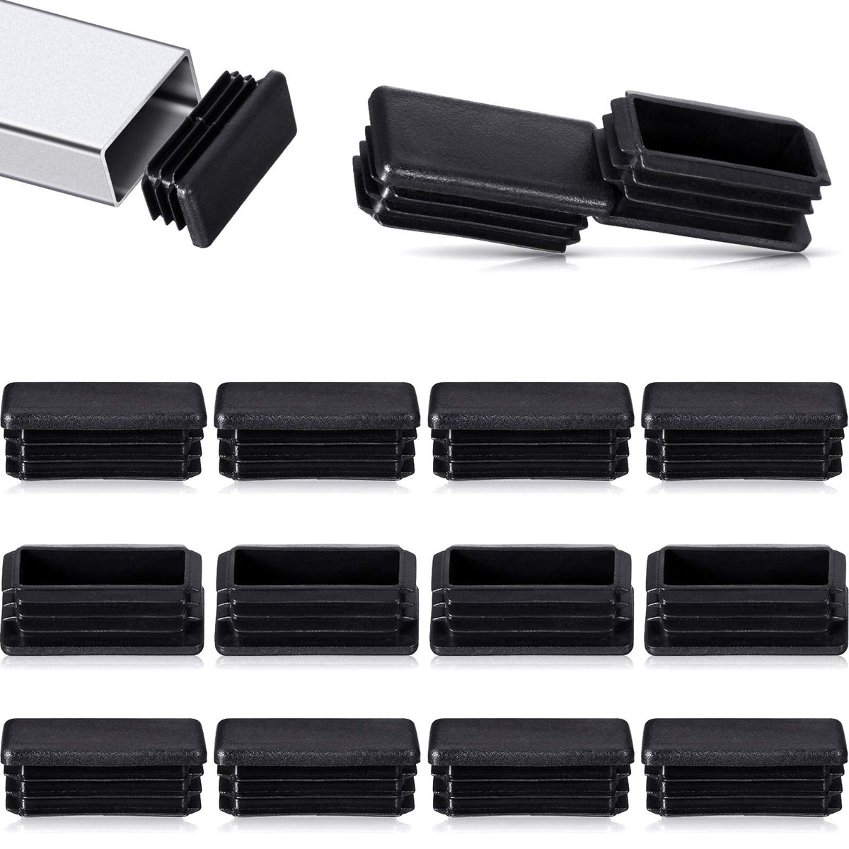24 Pcs 1 x 2 Inch Rectangle Plastic Plugs Tubing End Caps Black Steel Tubing Plugs Fence Post End Caps for Pipe Cover Chair Leg Glide Inserts