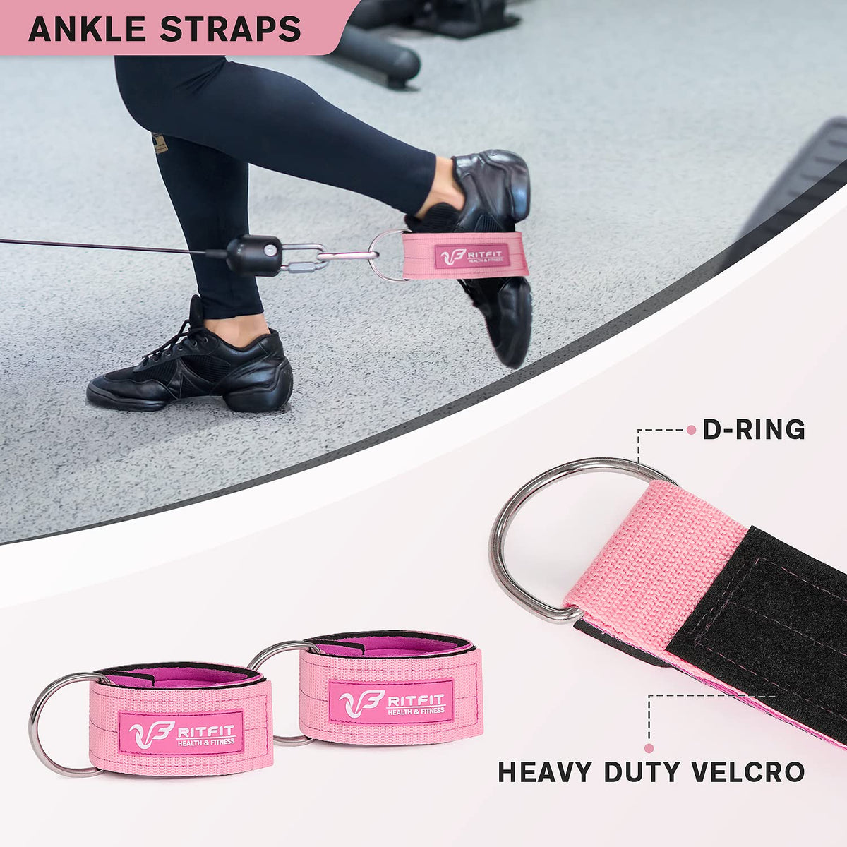 RitFit 7 Pcs Barbell Squat Pad Set, with Resistance Band, 2 Safety Straps, 2 Gym Ankle Straps & Carry Bag, Upgraded Neck & Shoulder Protective Pad Support for Squats, Lunges & Hip Thrust (Pink/Black)