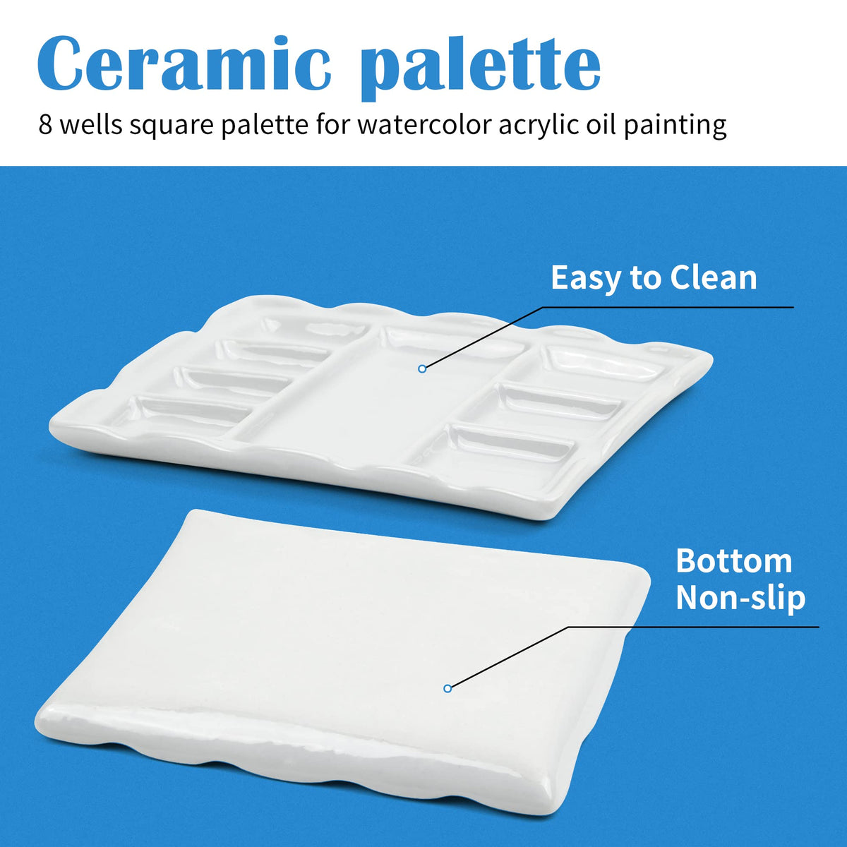 Falling in Art Artist Ceramic Palette, 8 Well Rectangle Porcelain Watercolor Paint Palette for Watercolor Gouache Acrylic Oil Painting, 7-Inch