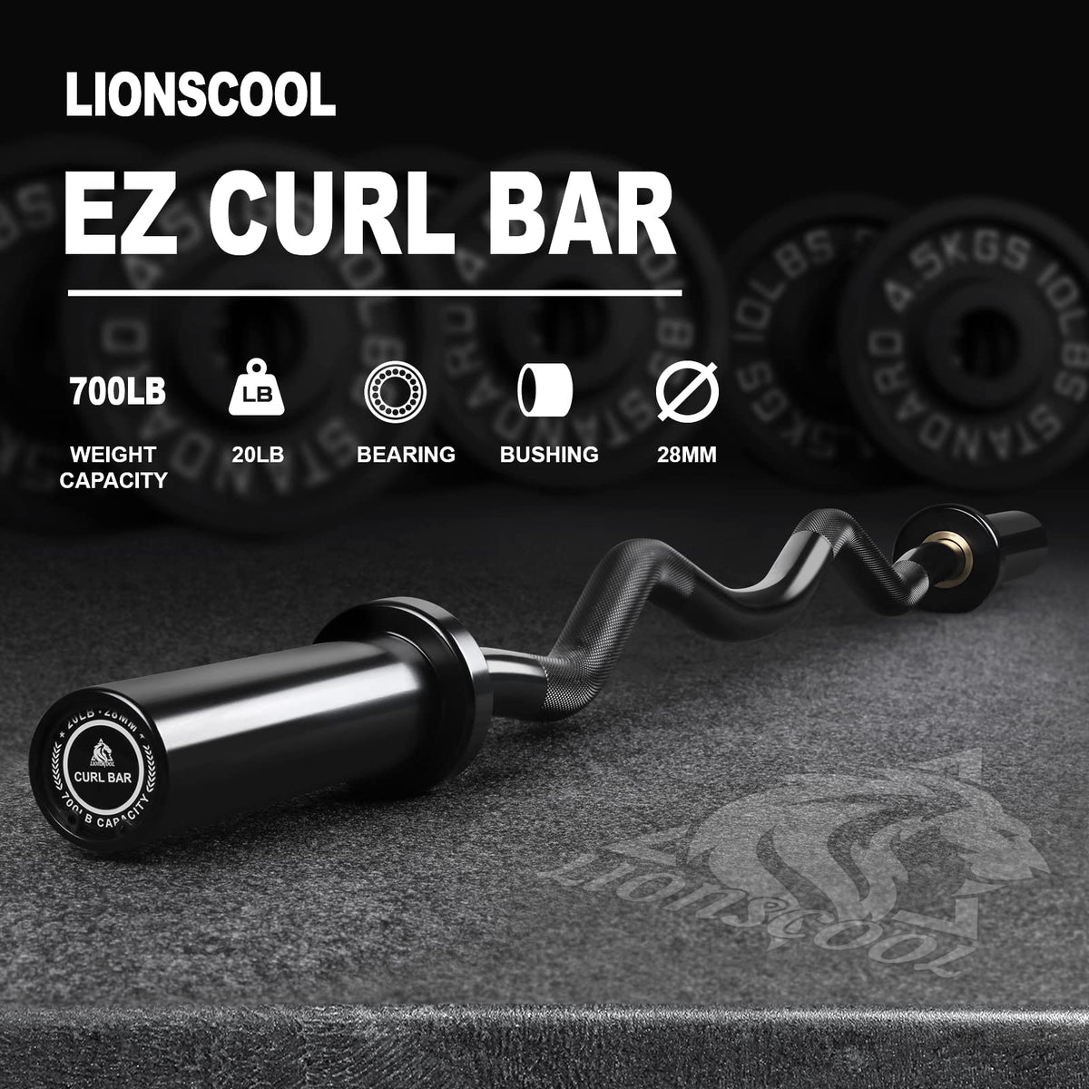 LIONSCOOL 28mm Grip EZ Curl Bar (Black)