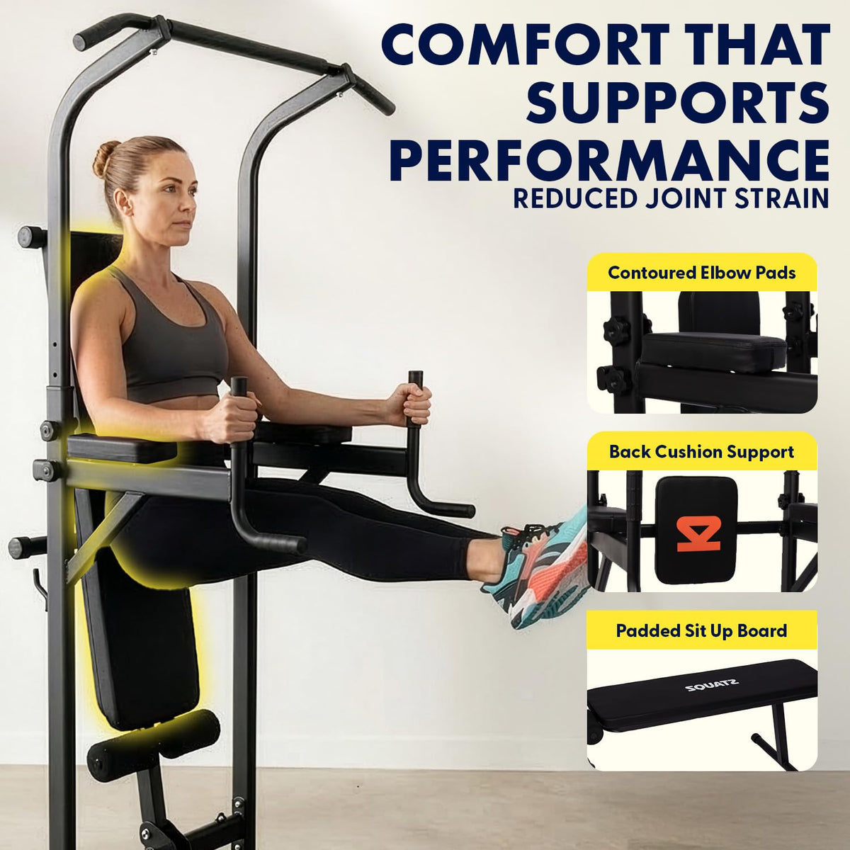 SQUATZ Pull-Up Workout Station with Bench - Multifunctional Gym Equipment with Pulling Bar, Sit-Up Board, Backrest, Elbow Pad, & Steel Main Frame, Great for Home Exercise and Weight Training, 330LBS