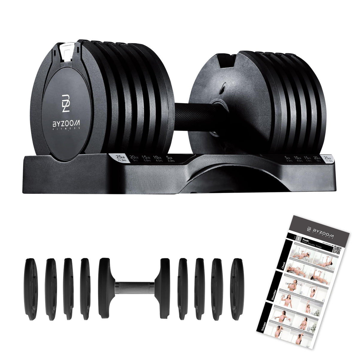 BYZOOM FITNESS Adjustable Dumbbell Set 25lb Single Unit(Buy 2 for a Pair) – 5-in-1 Compact Free Weights for Home Gym, Patented Easy-Adjust Design, Sleek Aesthetic for Strength Training & Workouts, Black