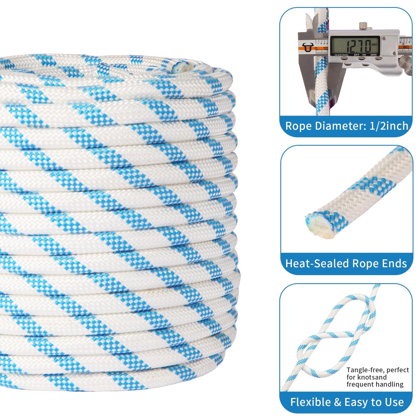 Double Braid Arborist Rope, 1/2 Inch x 100 ft, 9000 LBS Breaking Strength Heavy Duty Tree Climbing Rope, Outdoor Swing Rope for Trees, Climbing, Sailing & General Use