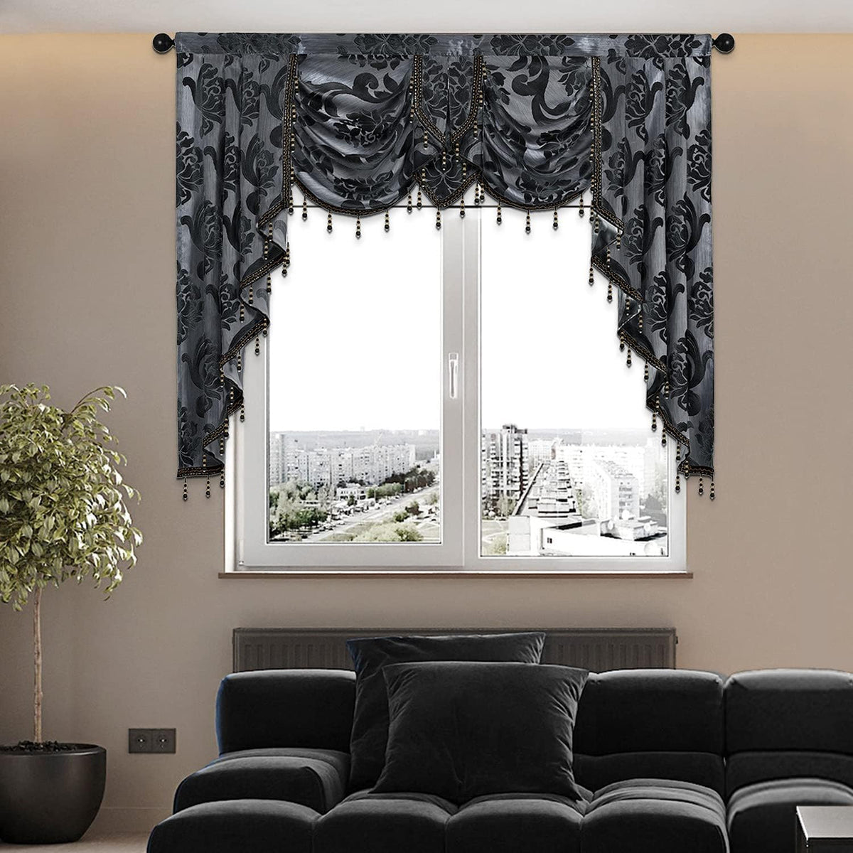NAPEARL Halloween Black Waterfall Valance for Windows Luxury Gothic Valance Curtains for Living Room, Bedroom, Dining Room, Bay Window, Jacquard Damask Window Jabot and Cascade Curtains, 61-Inch Wide