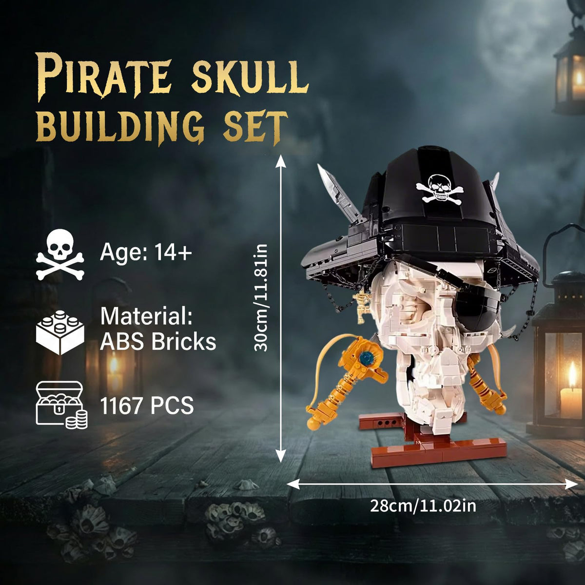 Holexapyd Gothic Pirate Skull Building Set for Adults,Horror Skeleton Head Model with Display Base, Cool Unique Ideal Building Block Sets for Home Table Decor (1167 PCS)