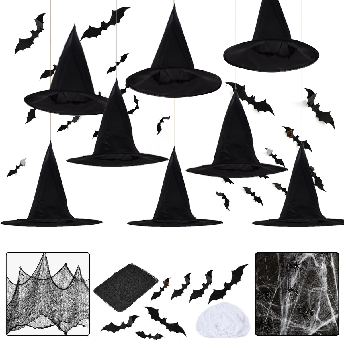 LINAYE Halloween Witches Hat XL Kit - 8 PCS Black Witch Hats with Hanging Rope,16 PCS 3D Bat,Spider Web,Creepy Cloth Halloween Hanging Decoration Decor Wizard Hats