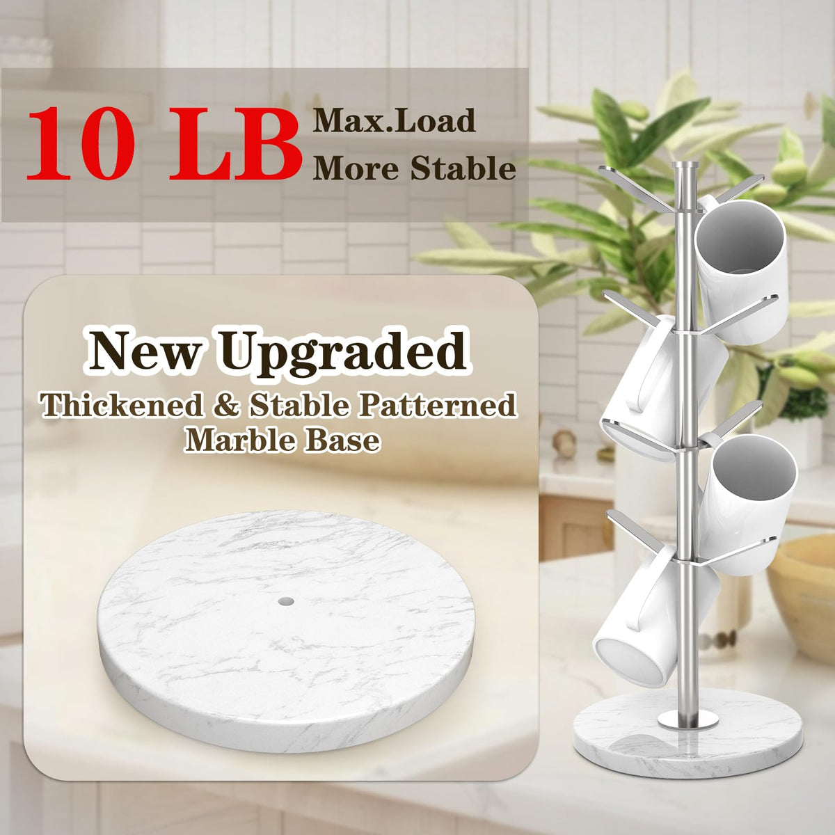 ZYZWTG Marble Mug Holder Tree with 8 Hooks, Detachable Stainless Steel Coffee Cup Holder, 2-8 Hooks Freely Adjustable, Modular Height, Heavy Duty Base Kitchen Countertop Organizer, Silver