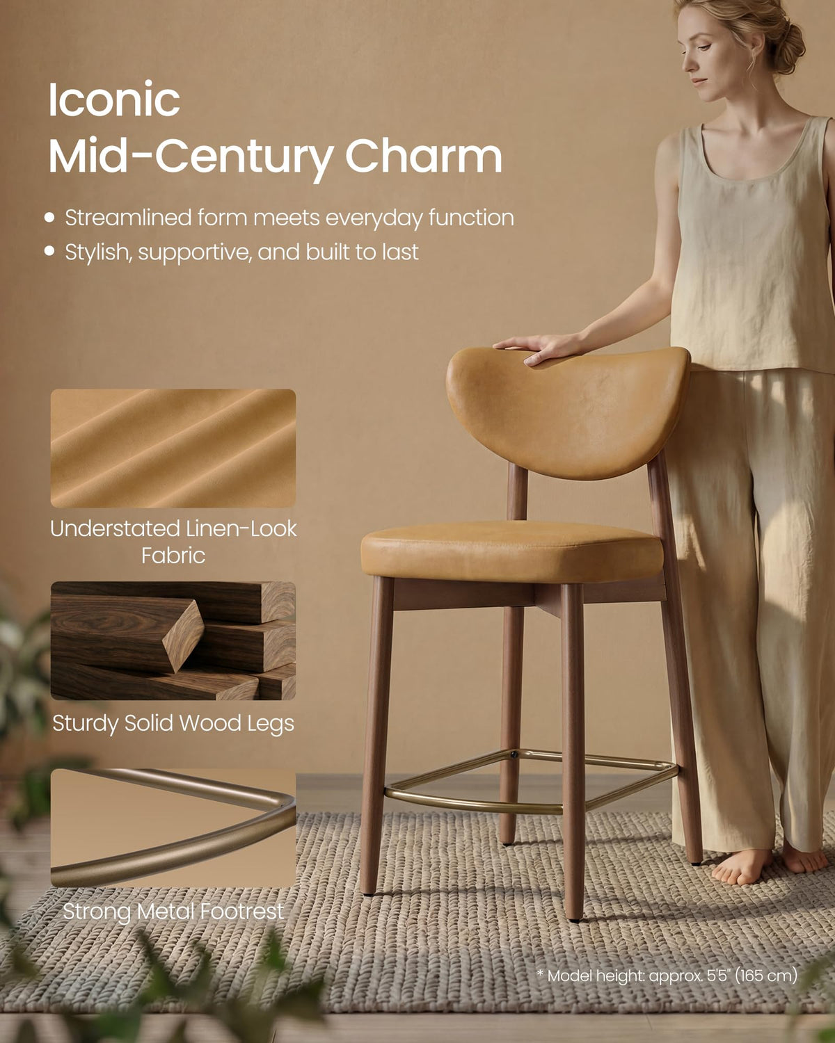 VASAGLE Wooden Bar Stools Set of 4, Upholstered Counter Height Barstools with Solid Wood Legs, Ergonomic Backrest, Mid Century Modern, for Kitchen Island, Synthetic Leather, Caramel Brown