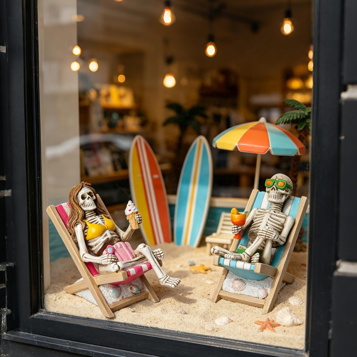 Summerween Skeleton Summer Decor - Resin Set of 2 Skeletons Summer Decorations for Home Tropical Themed Collectible Figurines for Beach Halloween Party & Home Decor Accents 2 x 4 x 4 Inches DiliComing