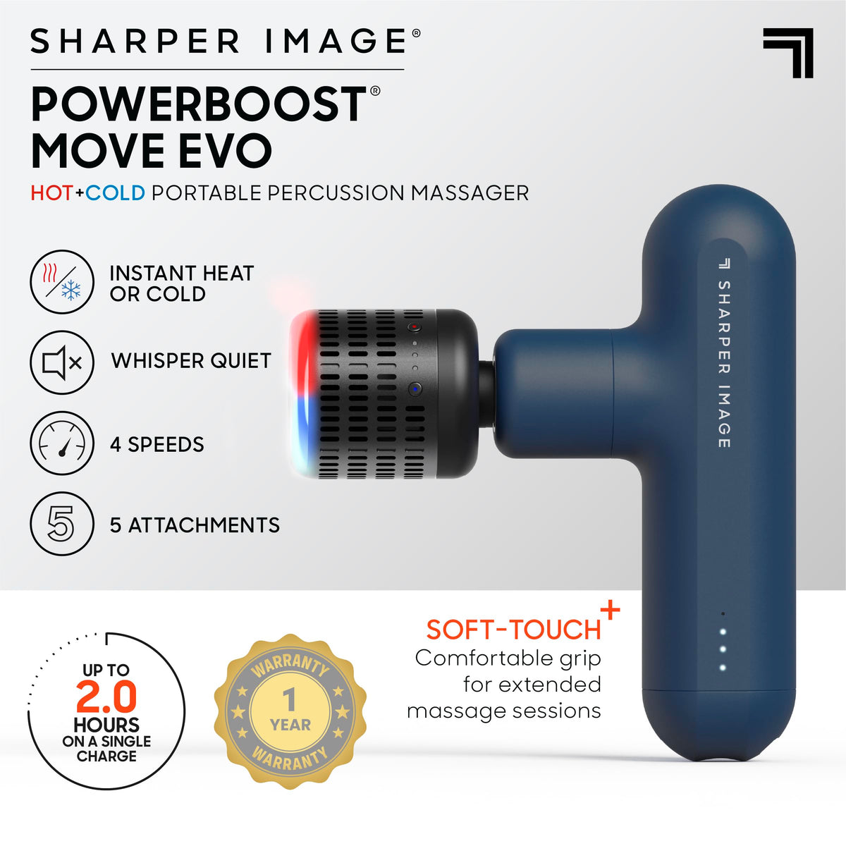 Sharper Image Deep Tissue Percussion Massage Gun, Powerboost Move Evo Hot & Cold Rechargeable Handheld Massager, 4 Adjustable Speeds, 5 Attachment Heads & Carrying Case, for Muscle Pain Relief, Blue