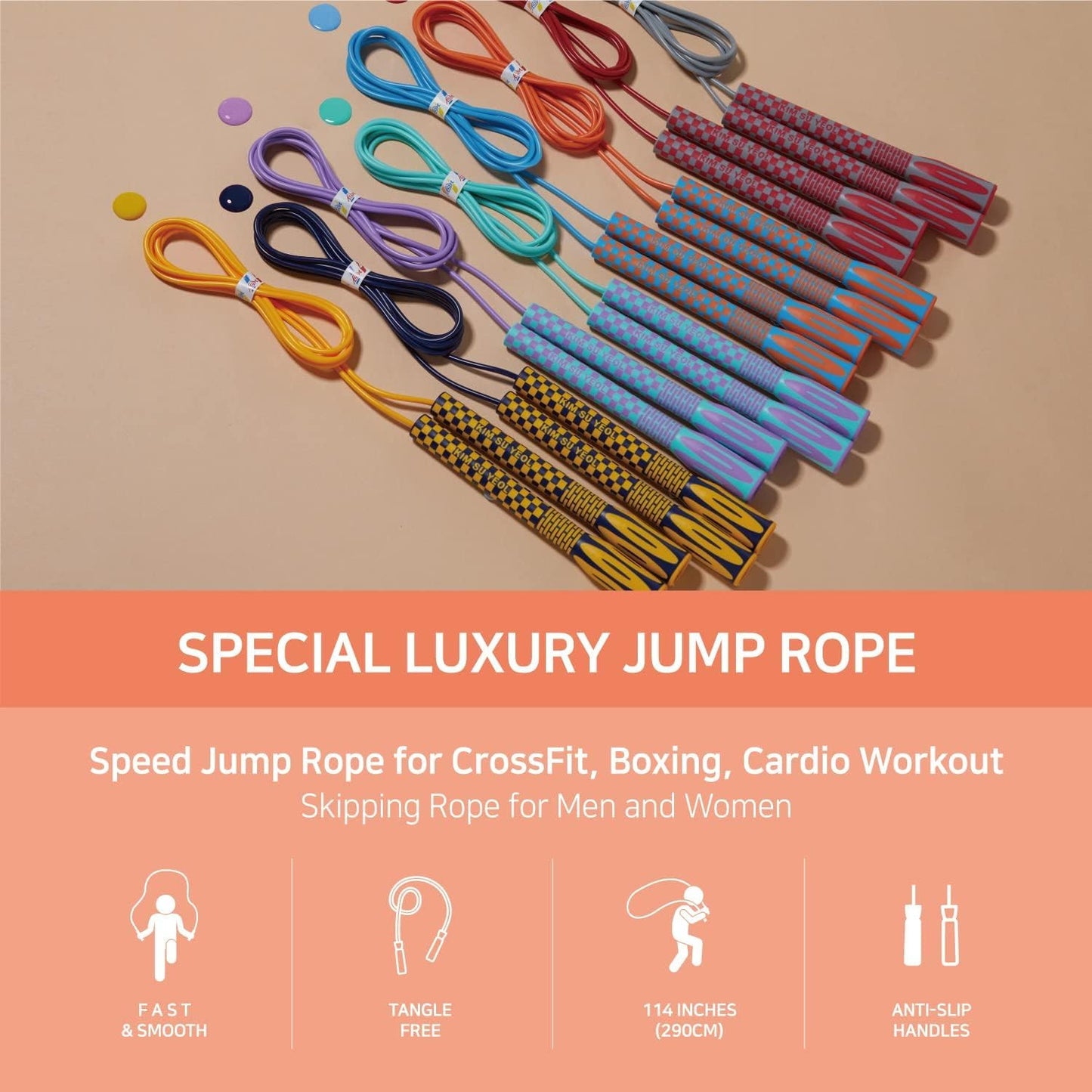 Skipping Jump Rope for Fitness Workout - Light Weight, Adjustable, Tangle Free, Excellent line control for Cardio Boxing, CrossFit, Training Exercise All Ages and Gender ( Special Luxury, KA-220, Made in Korea) (Blue-Orange)
