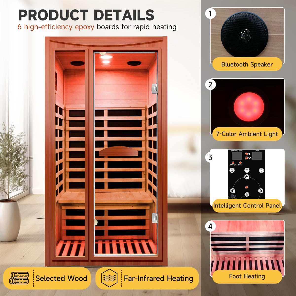 OUTEXER Far Infrared Sauna Home Sauna Spa Room for 1-2 Person Low-EMF Canadian Hemlock Wood 1550W Indoor Saunas with 7 Color Light 39.3 * 35.4 * 74.8Inch