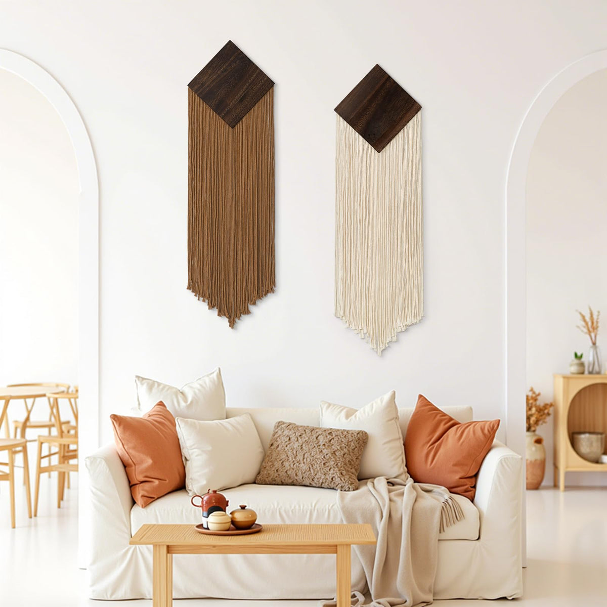 KHOYIME Macrame Wall Hanging Boho Chic Home Decor, 2PCS Bohemian Brown Beige Vertical Tassel Yarn Tapestry Modern Farmhouse Wall Art Decorations for Living Room Bedroom Nursery Office 11''W x 36''L
